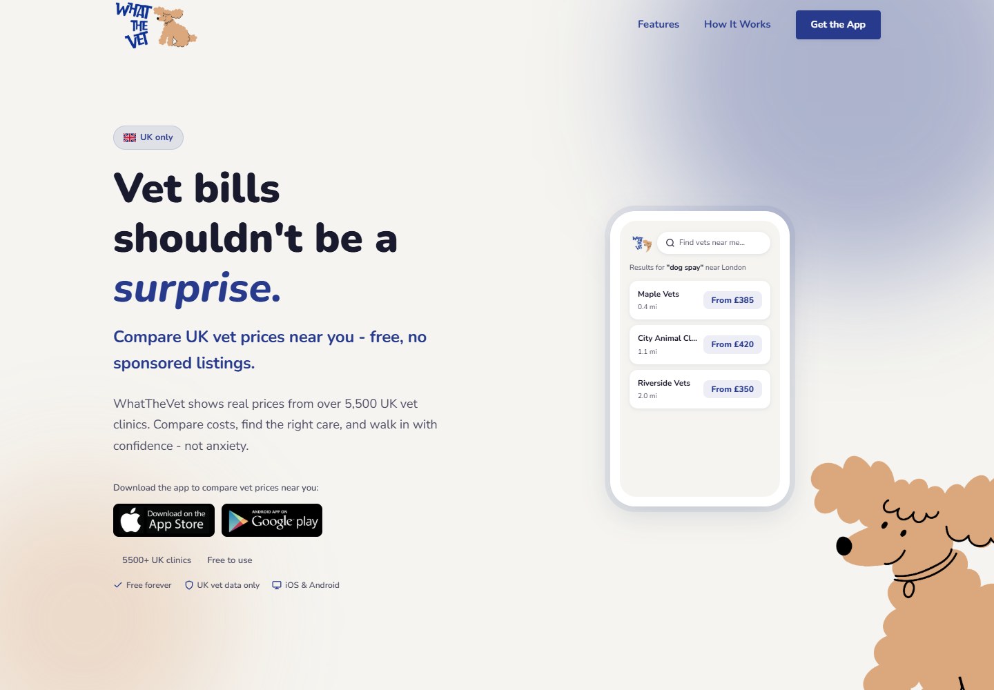 The WhatTheVet website, showing its vet price comparison service and mobile app
